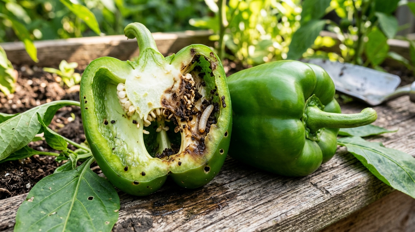 A green pepper sliced open showing internal seed core decay, dark frass, and a feeding pepper weevil larva next to a sound healthy pepper