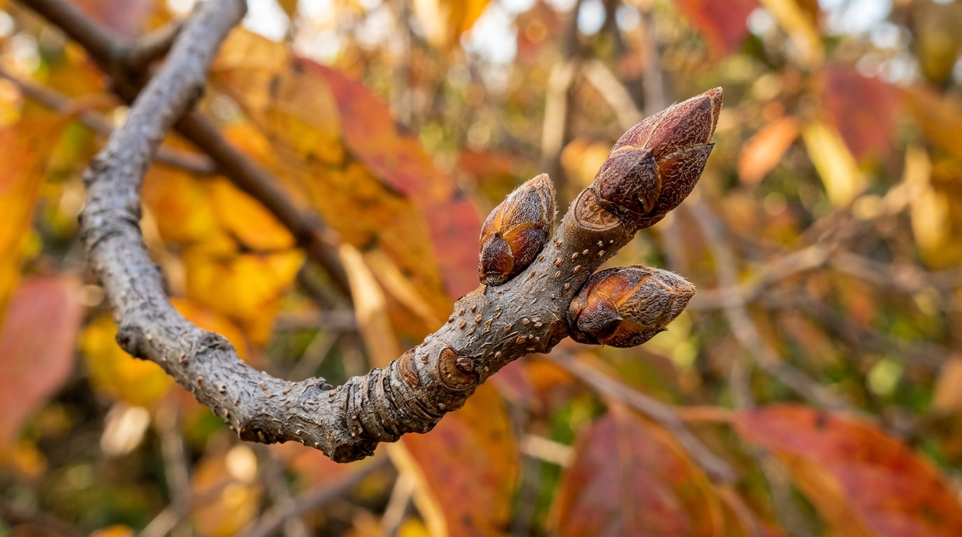 Macro closeup of a persimmon branch shoot tip displaying plump terminal buds where next season flowering and fruiting shoots originate