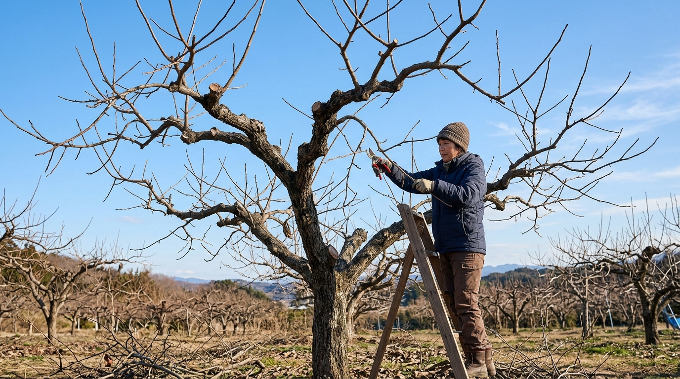 Orchardist performing selective thinning cuts on a dormant, bare Japanese persimmon tree on a crisp late winter morning