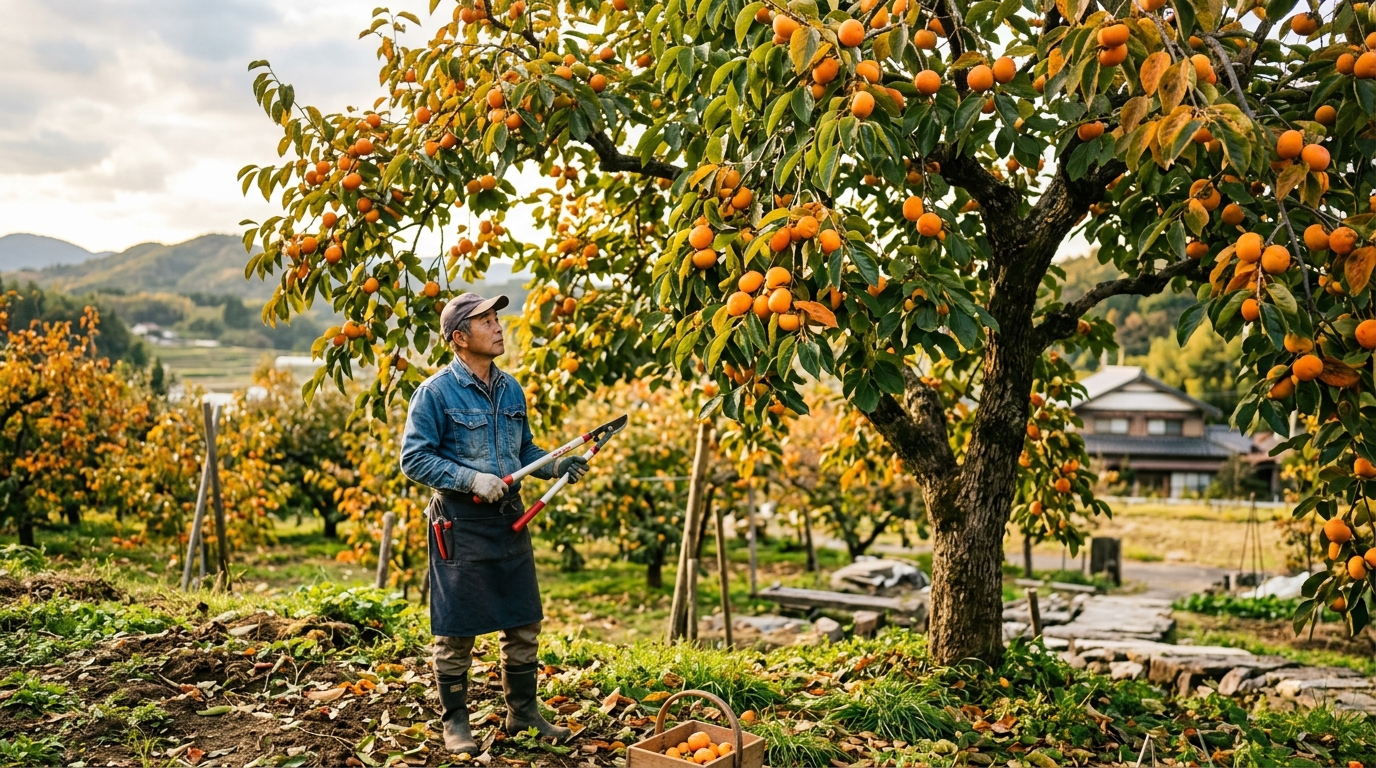 Gardener standing near a mature Japanese persimmon tree with lush leafy canopy and ripening orange persimmons in autumn, pausing lopper cuts