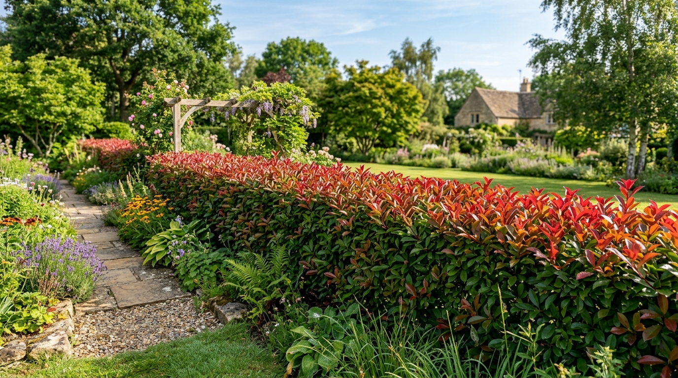 Lush Red Tip Photinia hedge showing brilliant crimson and scarlet foliage glowing in warm sunlight