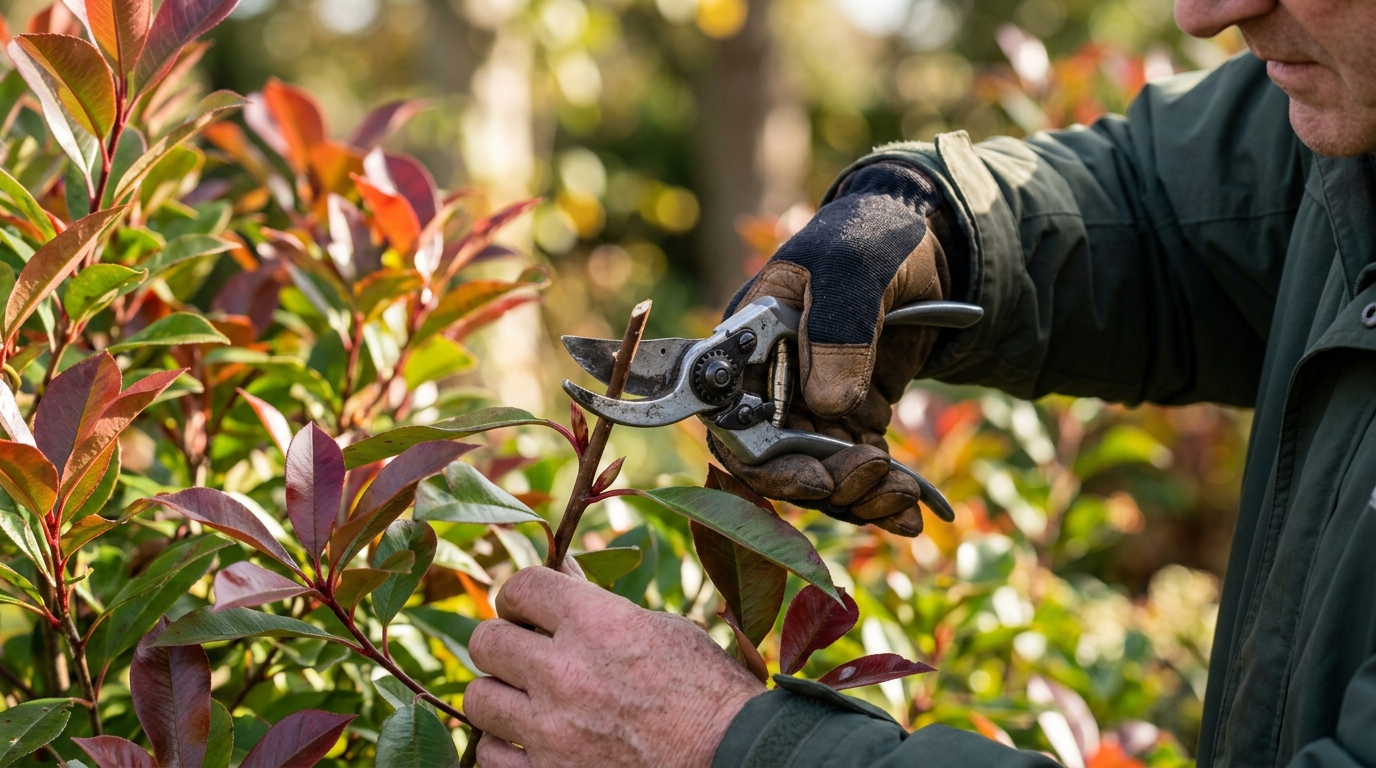 Gardener using sharp bypass pruners to make a clean angled cut on Photinia branch above a leaf node