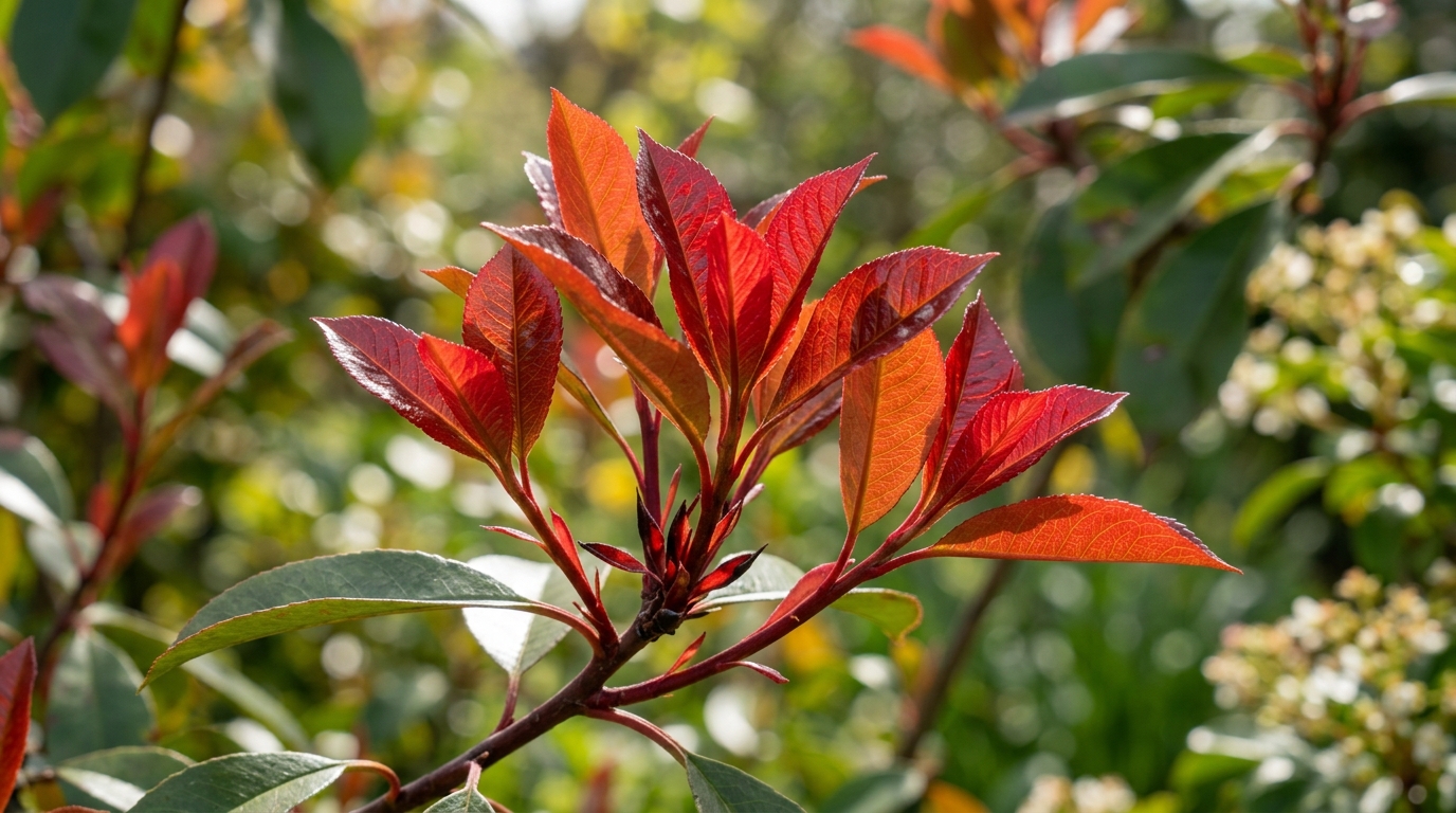 Macro closeup of emerging bright red Photinia fraseri leaves showing anthocyanin pigment glow