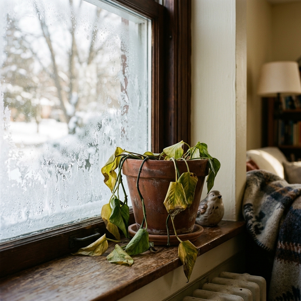 A tropical houseplant sitting next to a frosty window suffering from cold shock, droopy drooping leaves