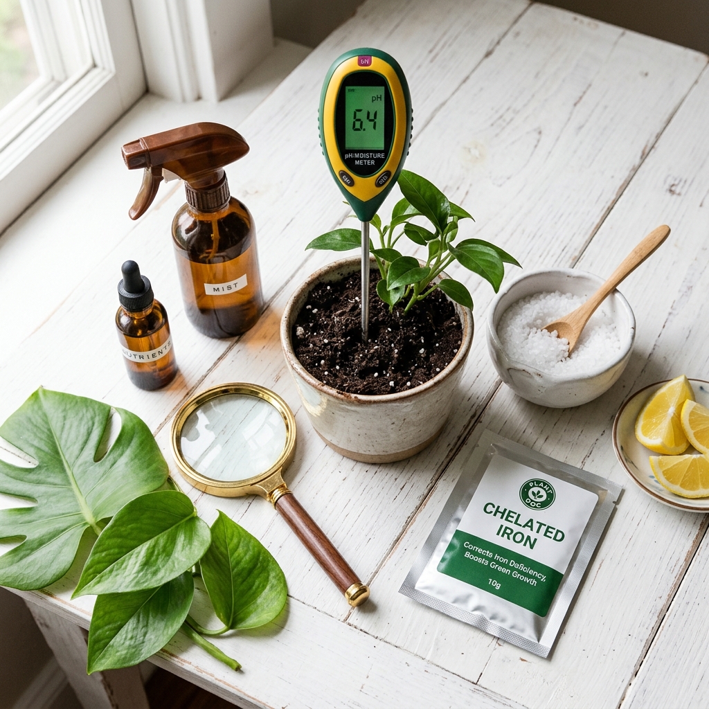 Plant diagnosis tools laid out on a table: pH meter, spray bottle, chelated iron, magnifying glass and epsom salts