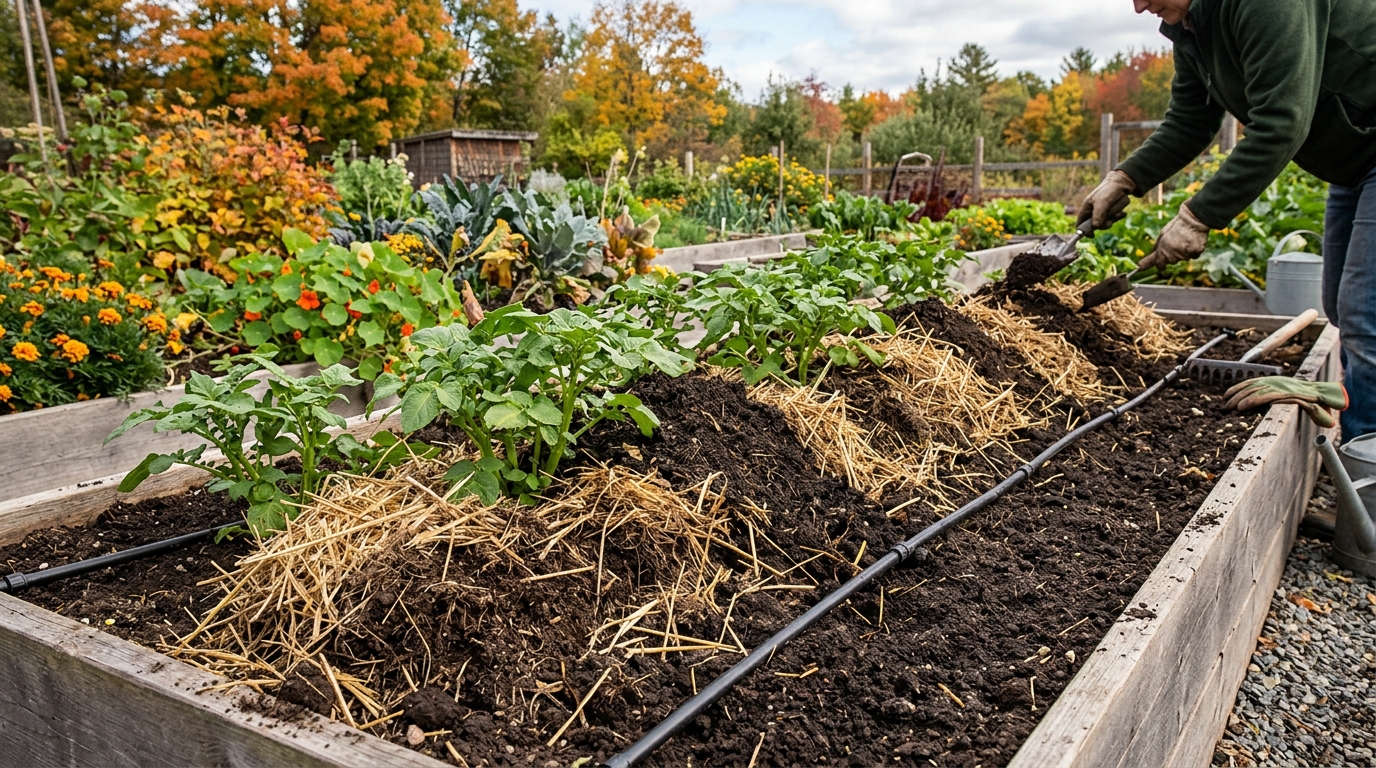 Potato plants growing in raised bed trench hilled with loose compost and clean straw mulch in early autumn garden