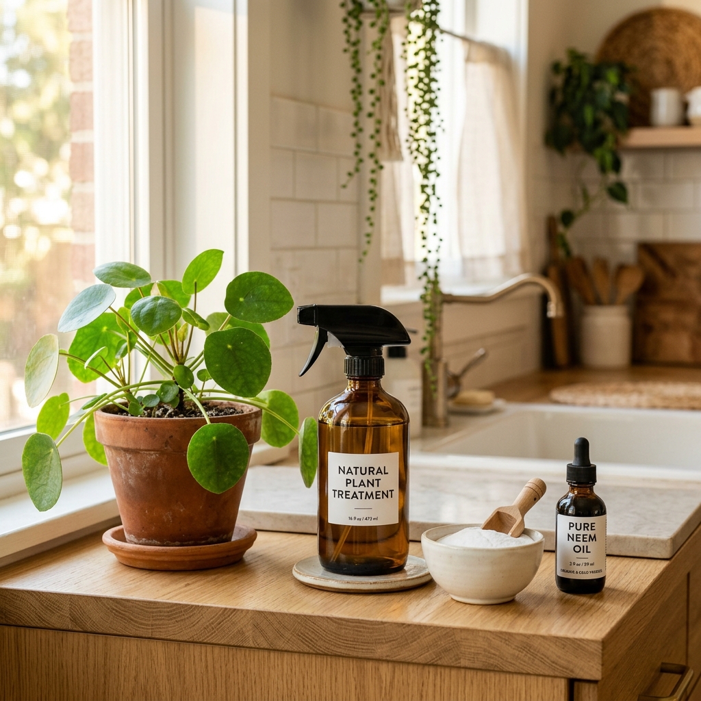 A spray bottle labeled Natural Plant Treatment next to baking soda and neem oil on a kitchen counter, with a healthy potted plant ready for treatment
