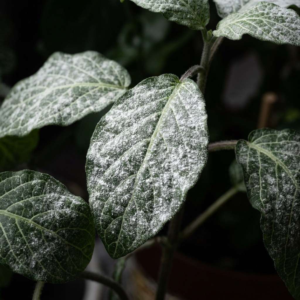 Close-up of indoor plant leaves covered in white powdery mildew — a dusty white fungal coating spreading across the green leaf surface