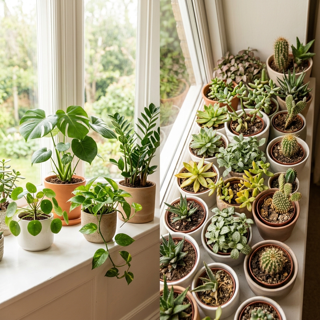 Well-spaced indoor plants on a bright windowsill with good airflow between them versus a crowded shelf packed with plants