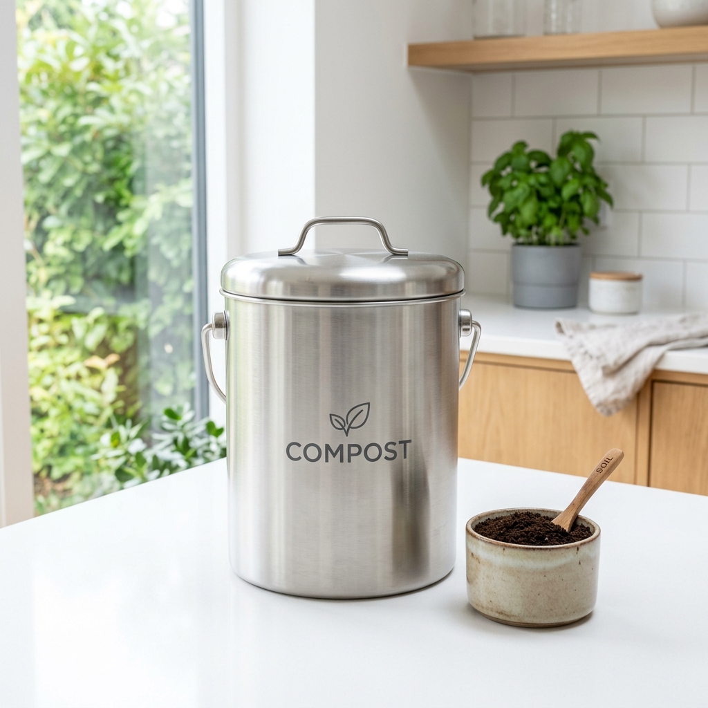 A clean stainless steel sealed kitchen compost bin on a white countertop next to a small bowl of finished compost