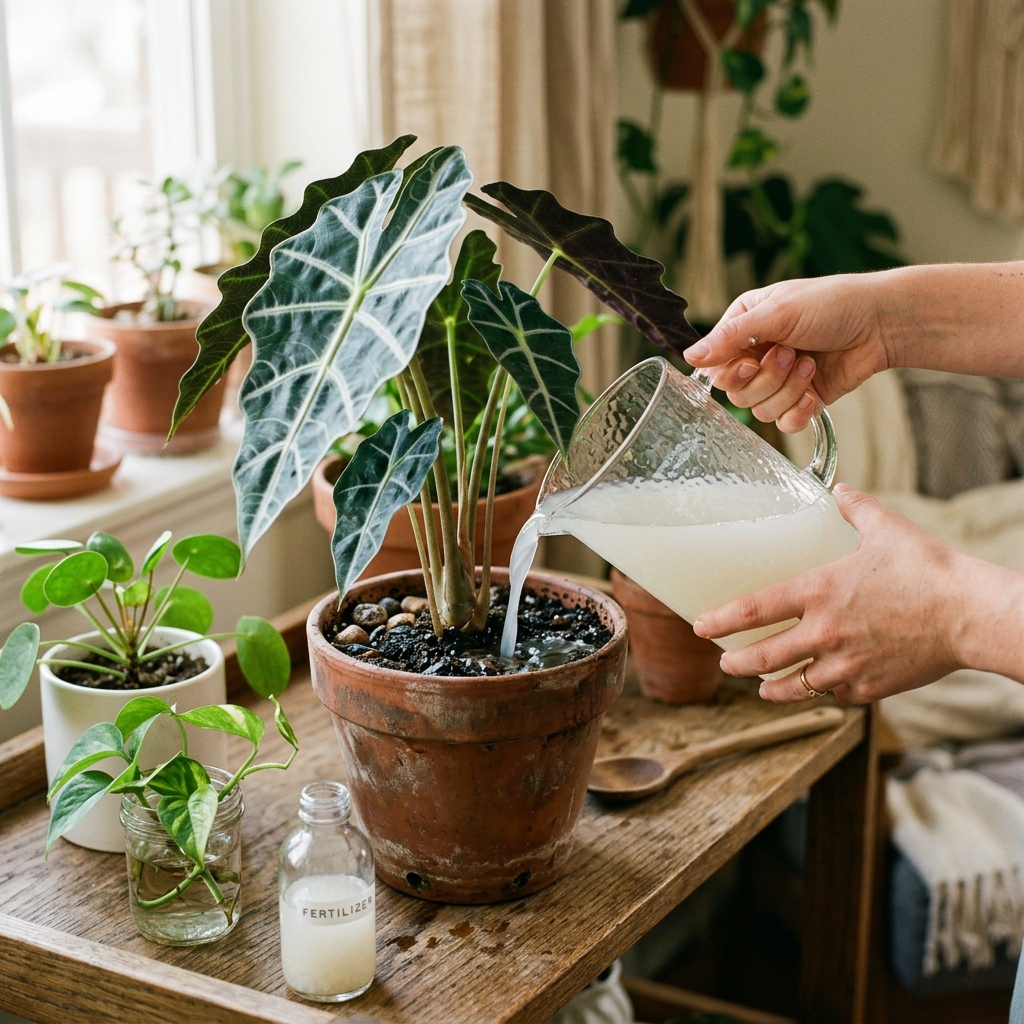 Hands pouring milky white fermented rice water from a glass pitcher directly into the soil of a potted Alocasia Polly with striking patterned leaves