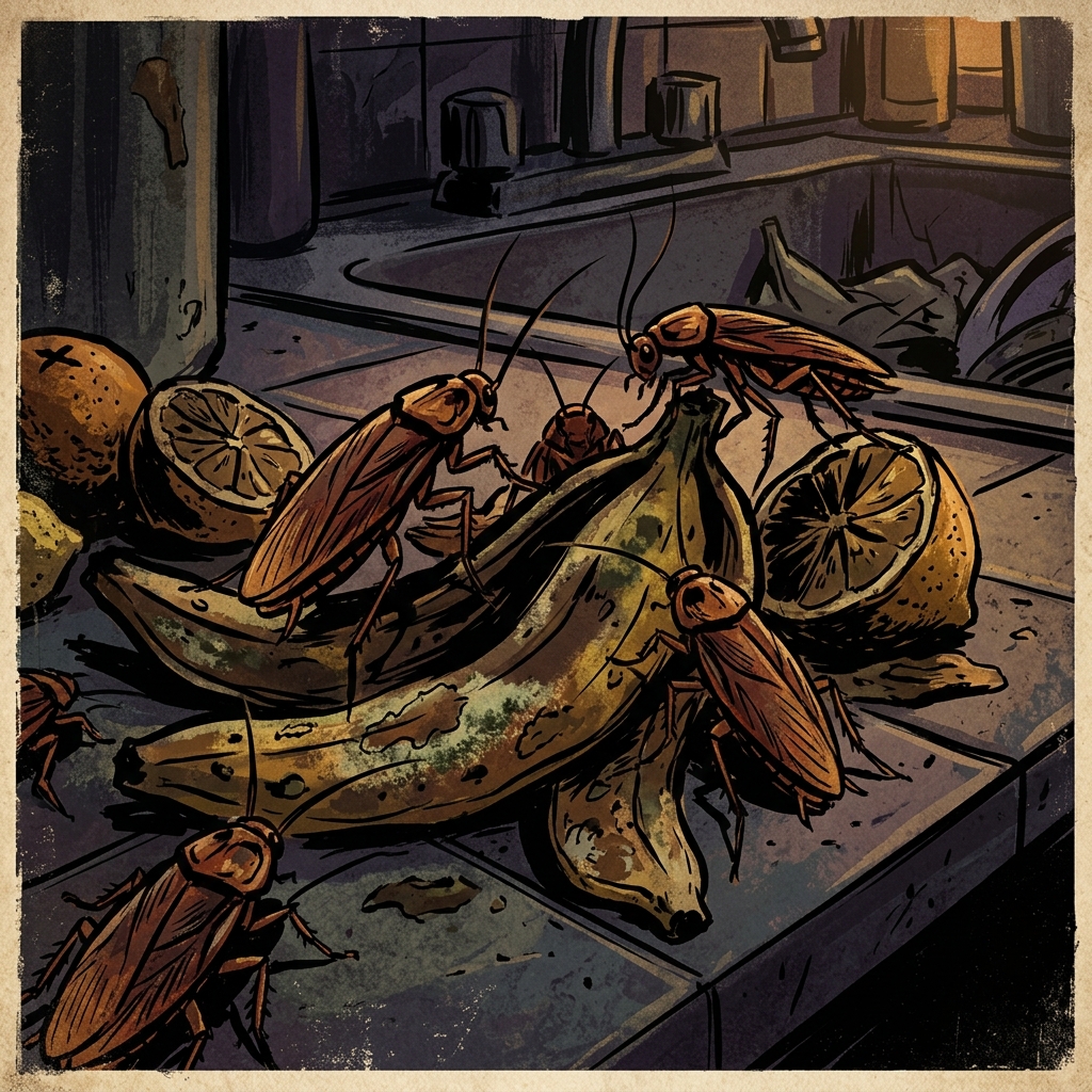 Illustration of cockroaches swarming around rotting banana peels and citrus rinds on a kitchen counter at night