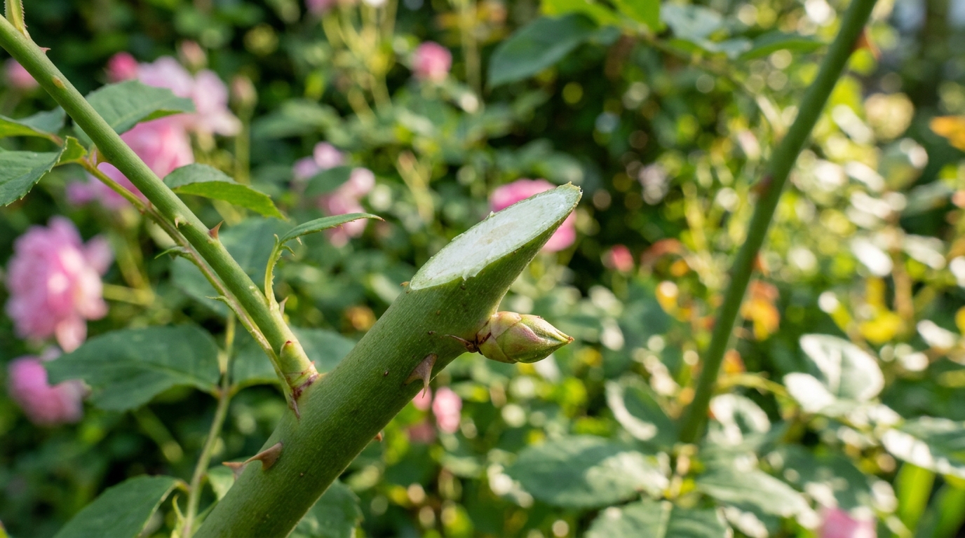 Macro close-up of a sharp 45-degree angle pruning cut on a green rose cane made 1/4 inch above an outward-facing bud, completely bare and drying naturally in the sunlight