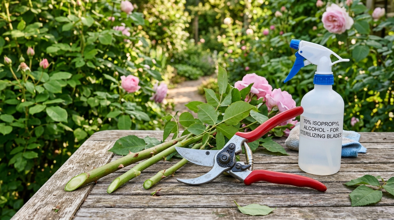 Sharp bypass pruning shears resting on a rustic garden workbench beside freshly pruned rose stems and an alcohol spray bottle used for tool sanitation