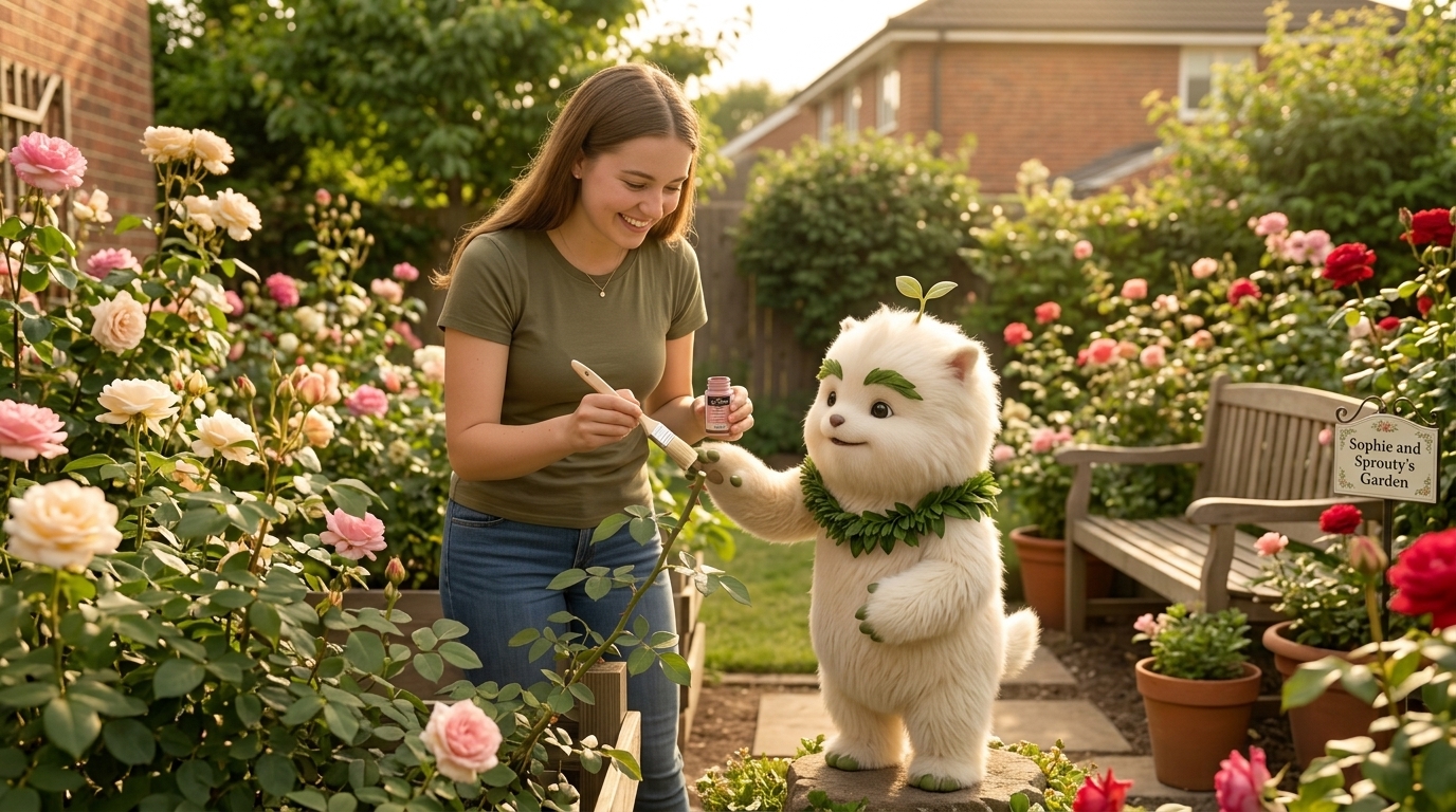 Sophie holding a jar of wound paint and a brush as Sprouty gently stops her from sealing a freshly pruned rose cane in an English rose garden