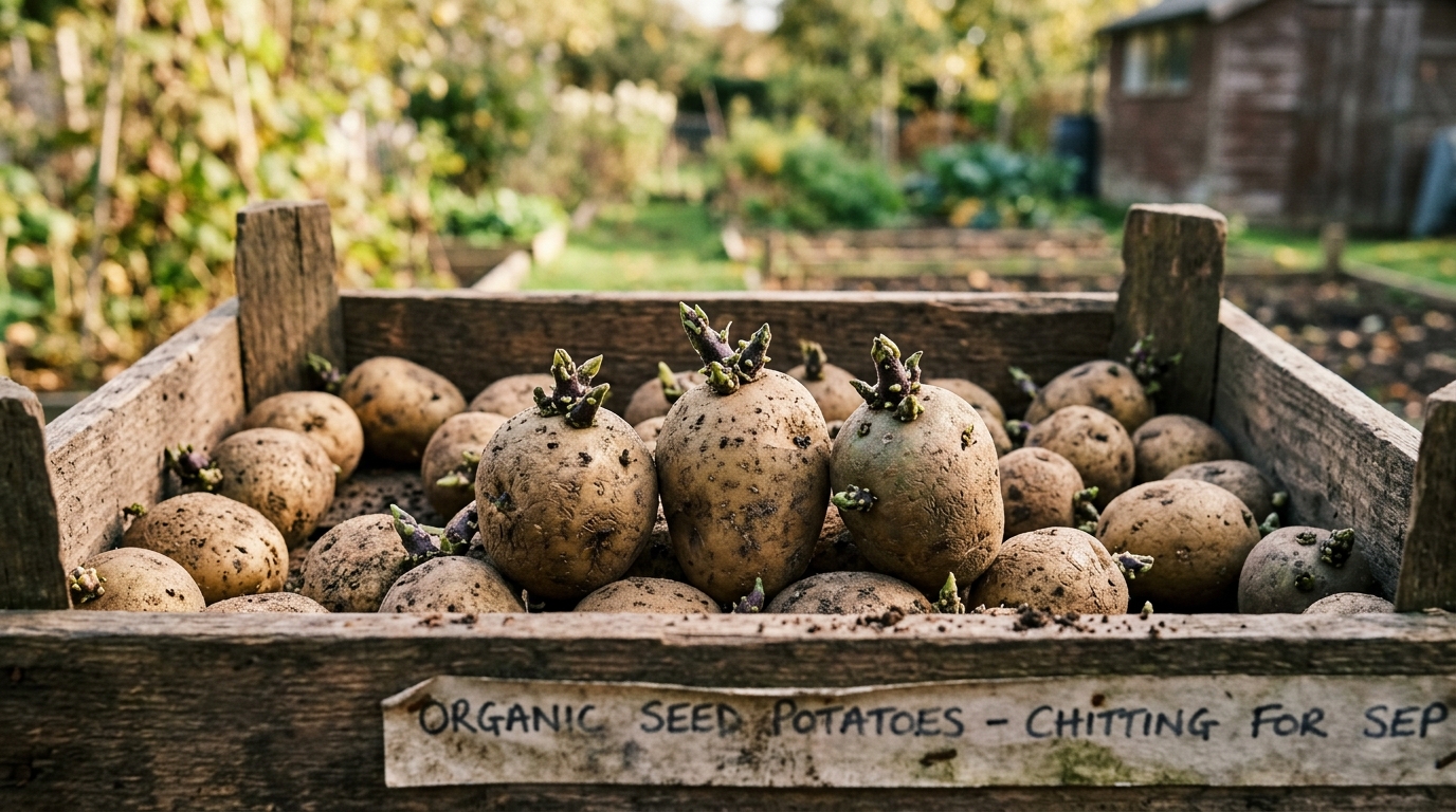 Chitted organic seed potatoes resting in a wooden crate with sturdy green and purple sprouts ready for early September planting