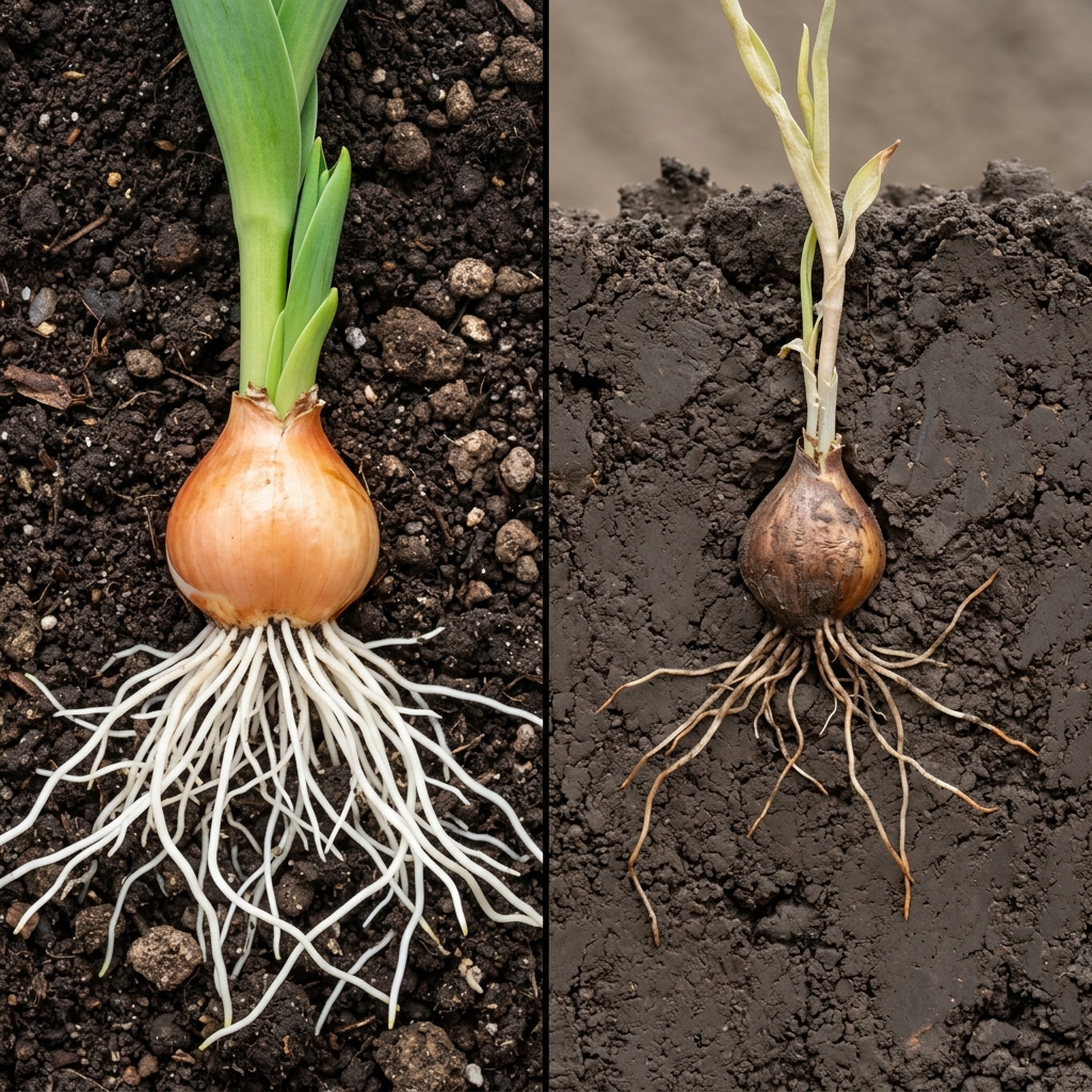 Split macro photograph: left shows shallow-planted tulip bulb with thick healthy white roots in aerated topsoil; right shows deep-buried bulb with sparse brown-tipped roots in compacted dark soil