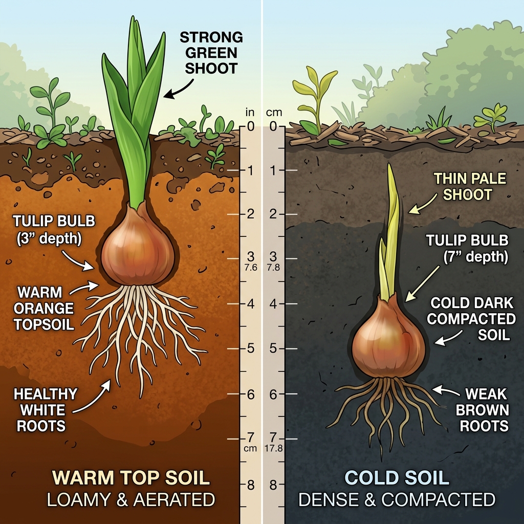 Scientific cross-section diagram showing a shallow bulb in warm orange topsoil zone with healthy roots vs a deep bulb in cold blue-gray anaerobic deep soil with weak stunted roots