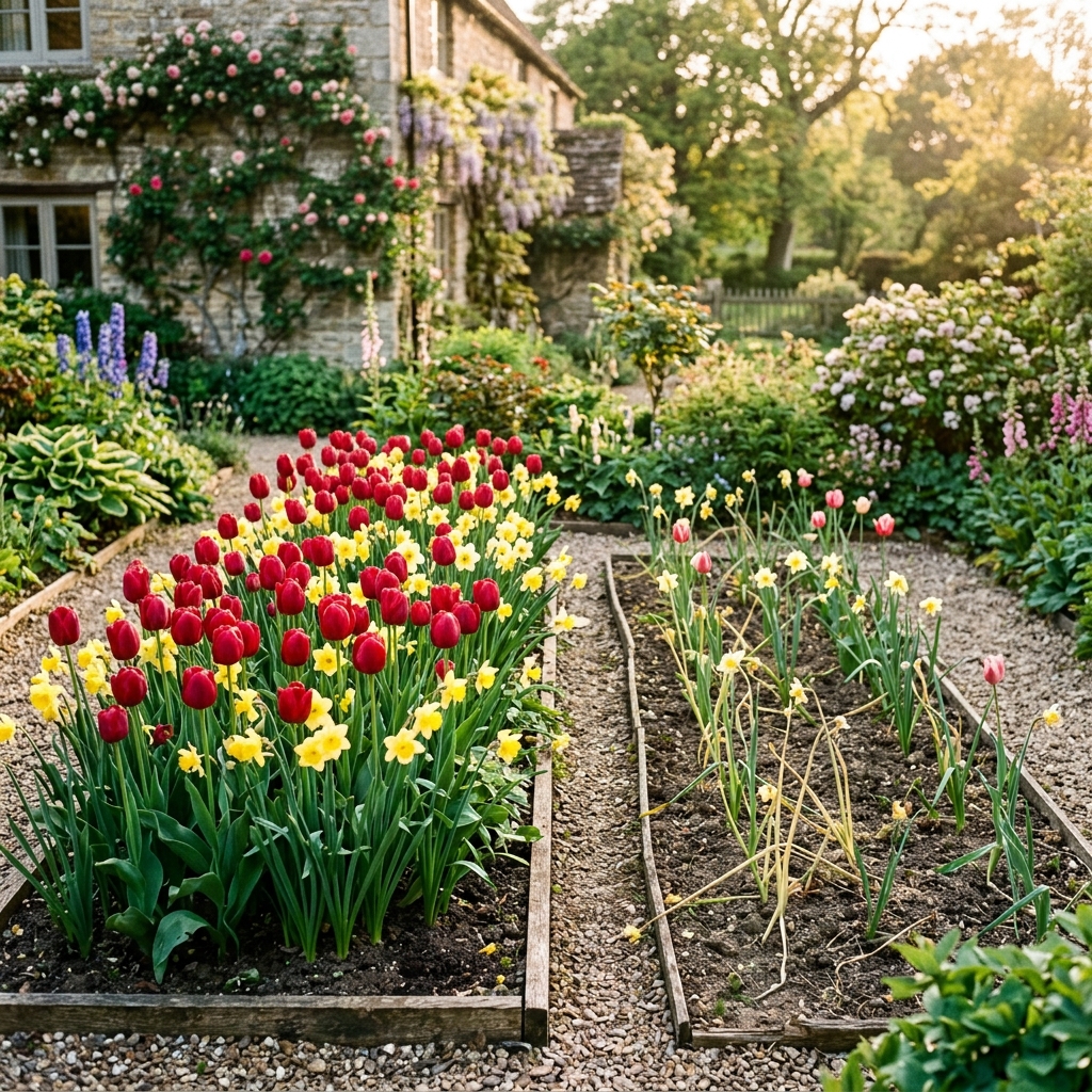 Two spring garden beds side by side — left shows shallow-planted tulips with thick vivid stems and rich color, right shows deep-planted bulbs with leggy pale growth