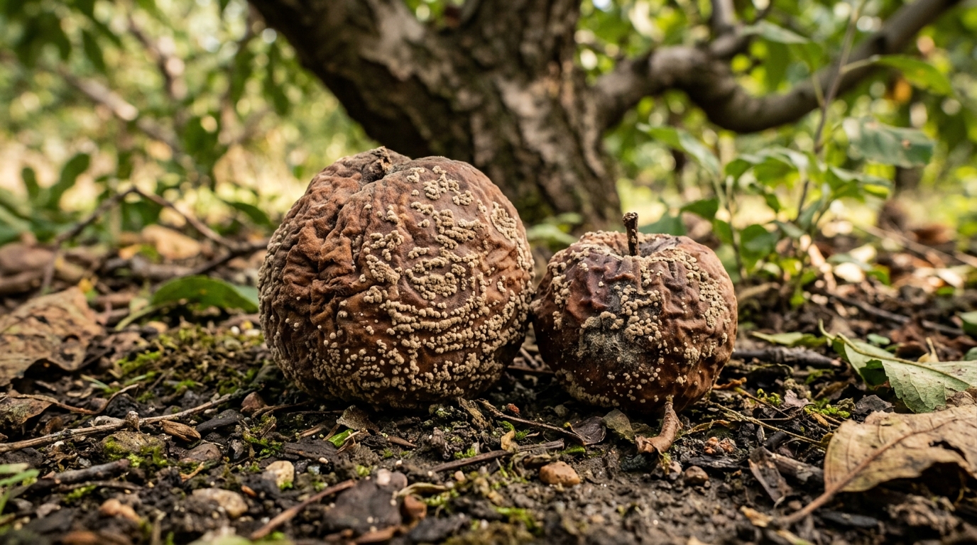 Macro photograph of a shriveled mummified peach on orchard soil covered in pale fungal spore pustules characteristic of brown rot
