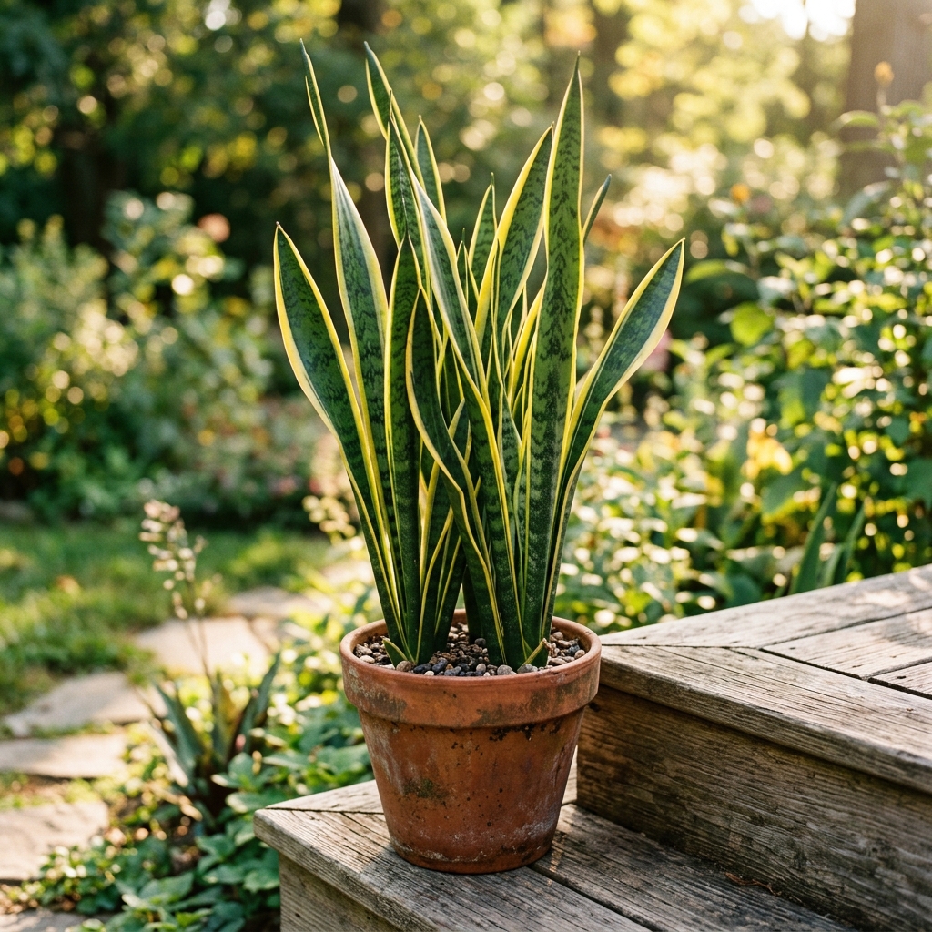 Healthy, fully recovered snake plant with tall, firm, vertical variegated leaves standing upright in a terracotta pot on a sunny outdoor wooden deck — lush garden in the background