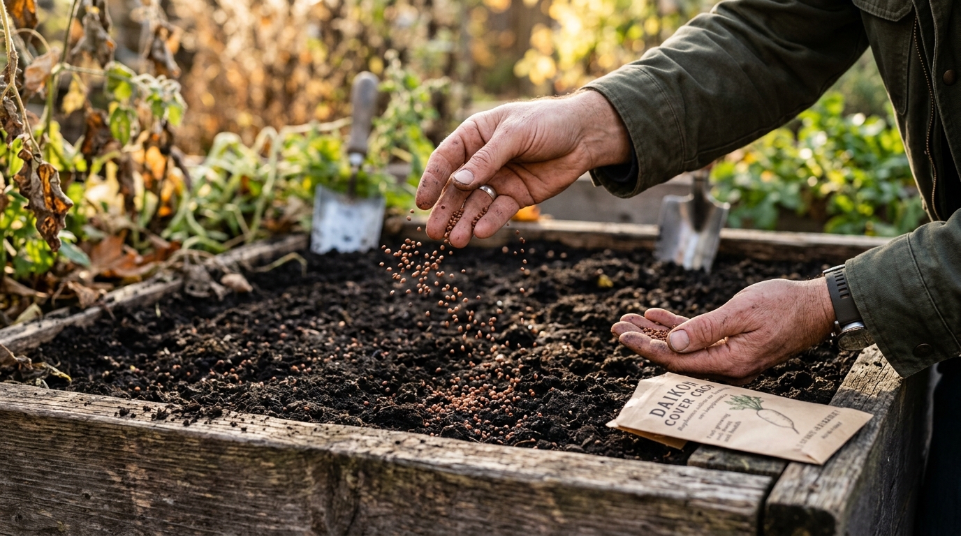 Hands of a gardener broadcasting round daikon cover crop seeds across cleared raised garden bed soil in late September