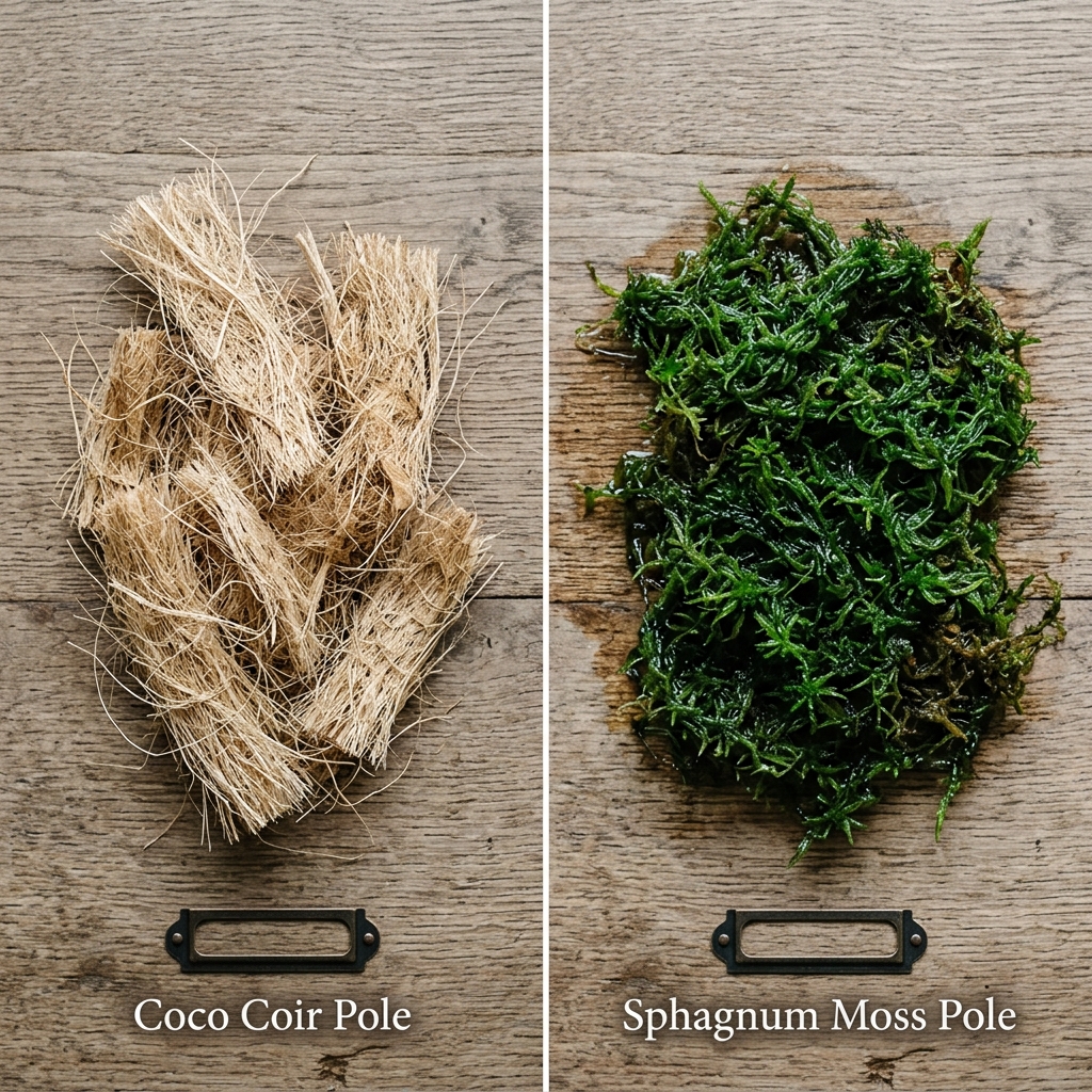 Flat lay comparison of dry pale coco coir on the left versus rich dark-green saturated sphagnum moss on the right