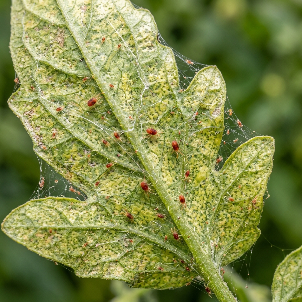 Macro close-up of the underside of an infested leaf showing spider mites and fine white webbing