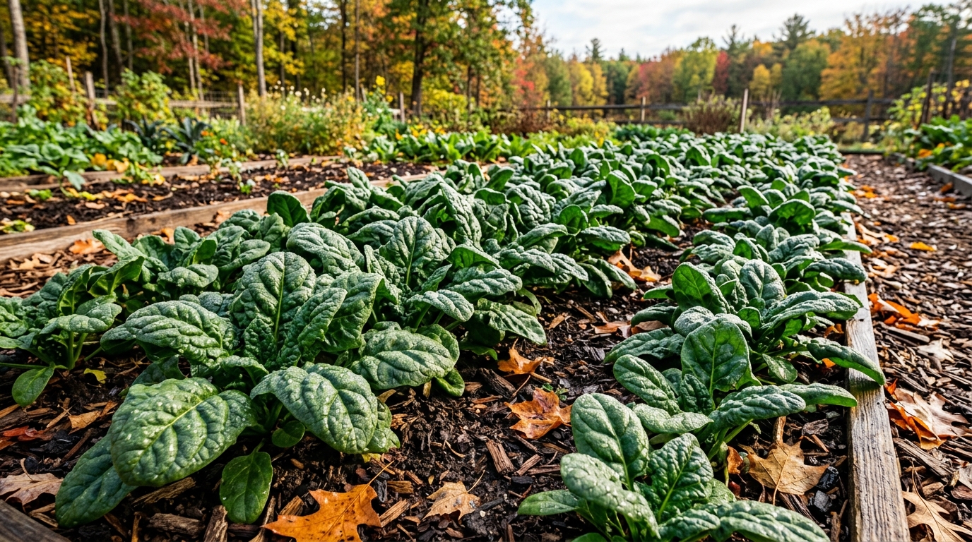 Lush healthy garden beds overflowing with crinkled dark green savoy spinach plants ready for autumn harvest with clean wood mulch paths