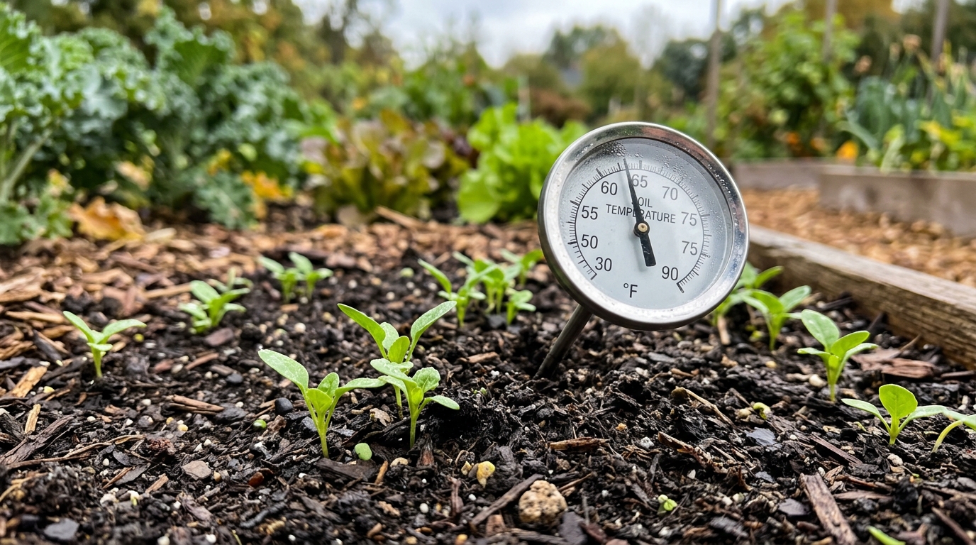 A soil thermometer inserted into garden bed soil registering 65 degrees Fahrenheit surrounded by emerging young green spinach seedlings