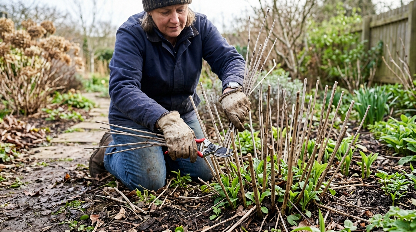 Gardener pruning dried perennial stems knee-high at 15 inches with bypass pruners in early spring with new green foliage emerging