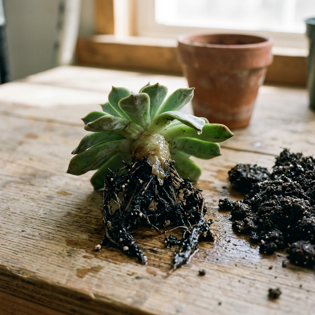 A succulent removed from its pot showing severely rotted mushy roots and a translucent collapsing stem base surrounded by wet dark soil