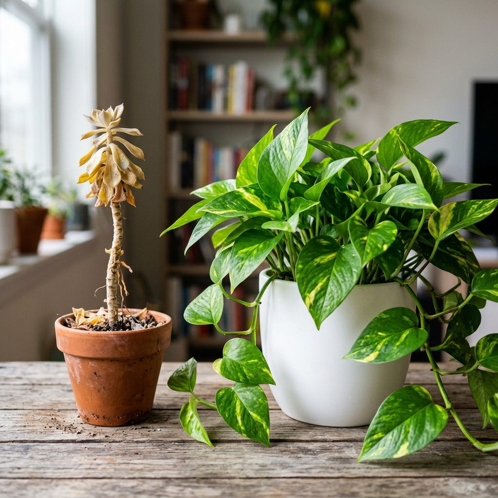 Side-by-side comparison: a pale, leggy, yellowing struggling succulent in a terracotta pot on the left versus a lush full healthy golden pothos trailing from a white pot on the right