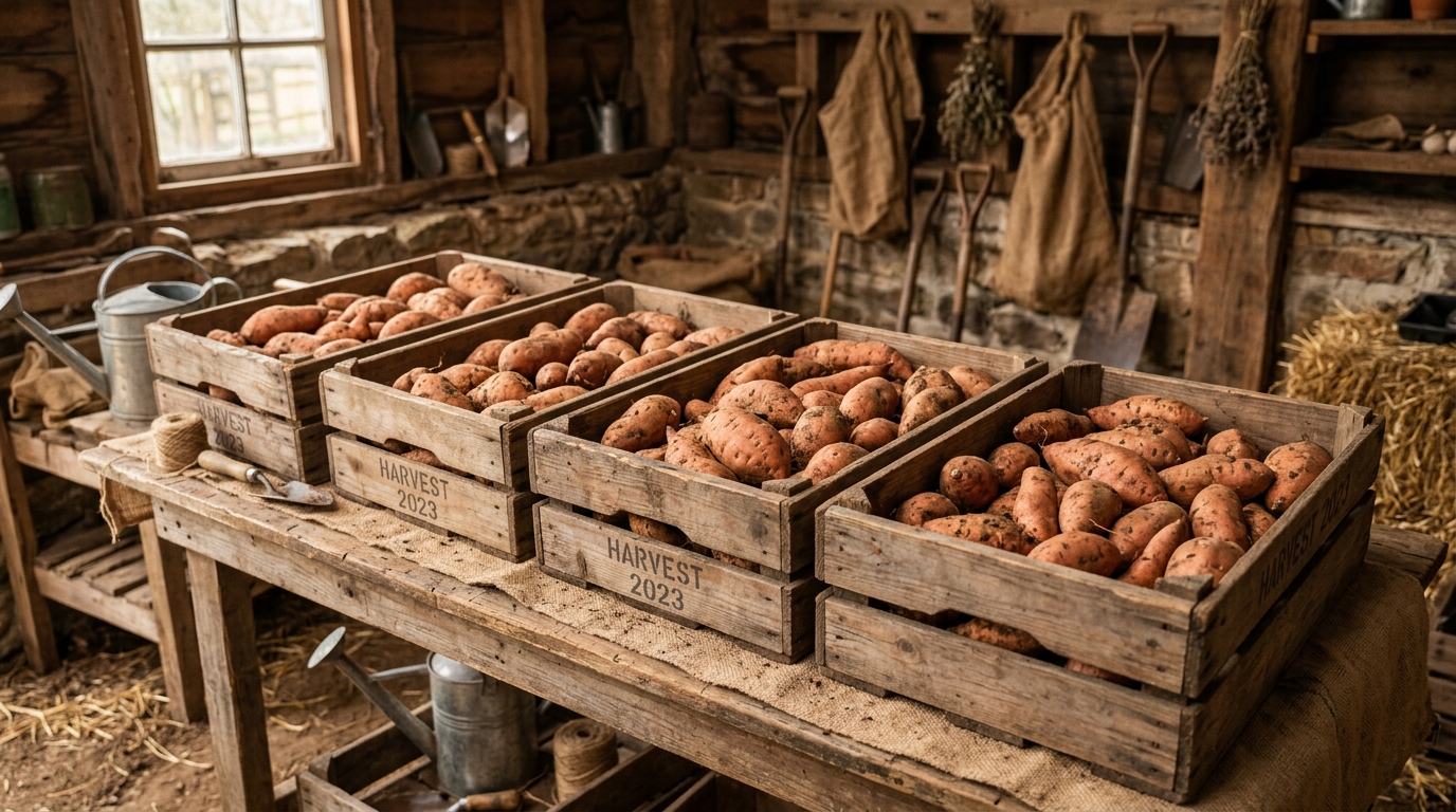 Freshly dug unwashed sweet potatoes curing in rustic wooden crates in a warm potting shed