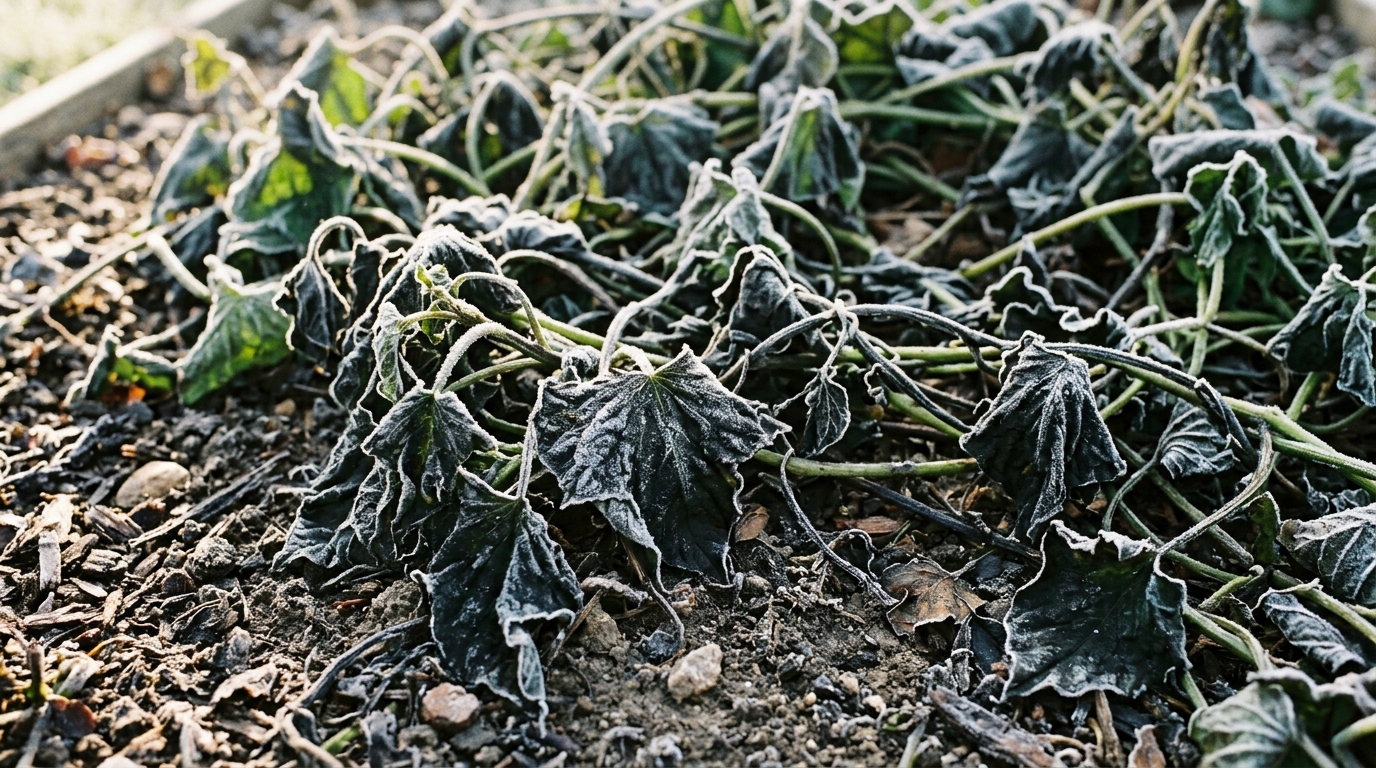 Close-up of sweet potato vines with crinkled, blackened, frost-damaged leaves following an early freeze