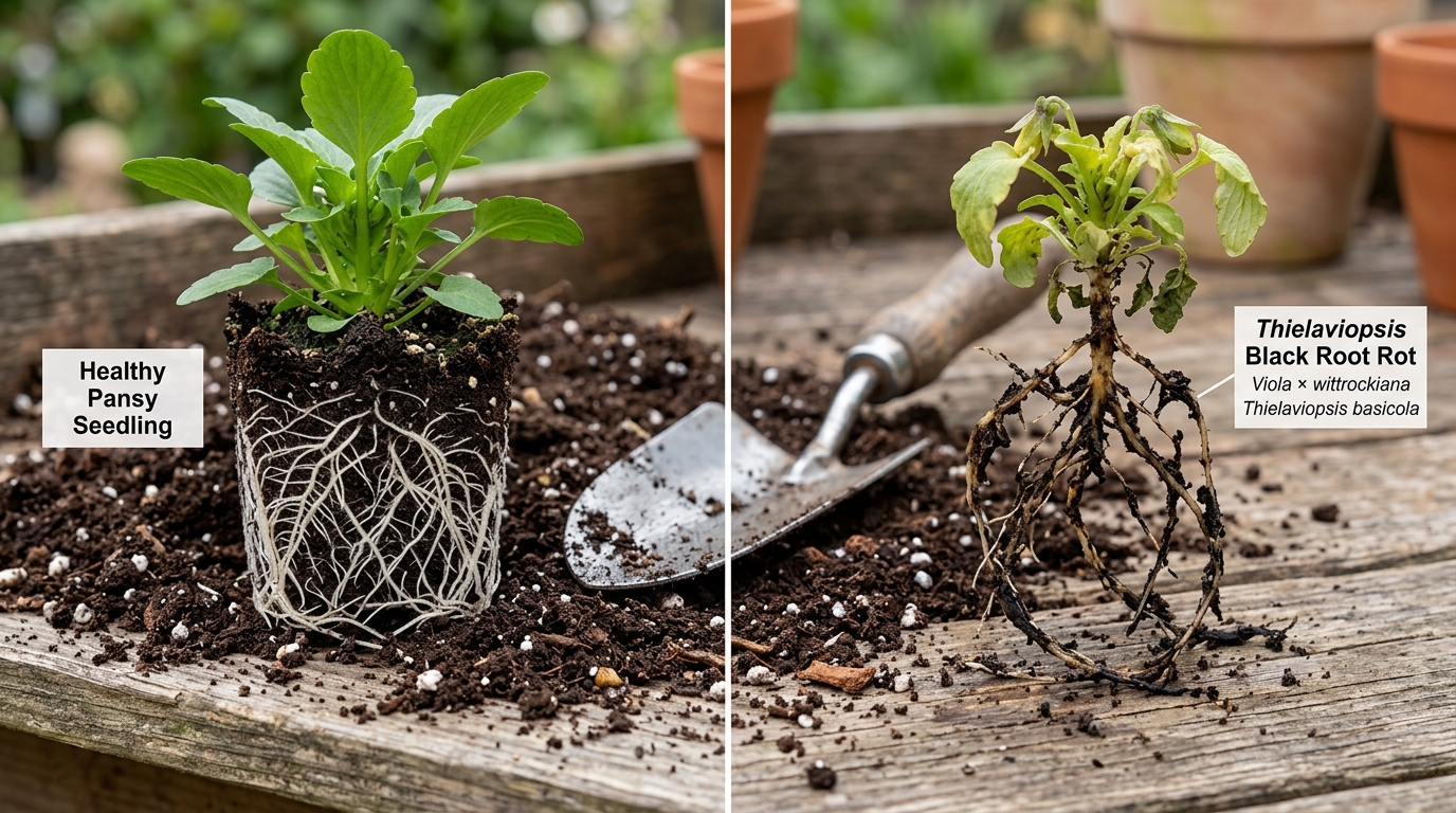 Side-by-side comparison of a healthy pansy seedling with clean white fibrous roots versus an infected pansy showing severe Thielaviopsis black root rot with blackened decayed roots