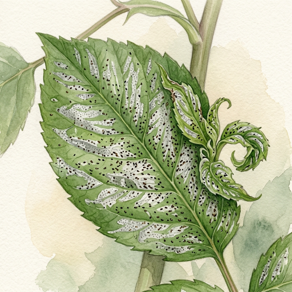 Botanical illustration showing classic thrips damage: silvery streaked patches, black frass specks, and distorted curled new growth on a green leaf