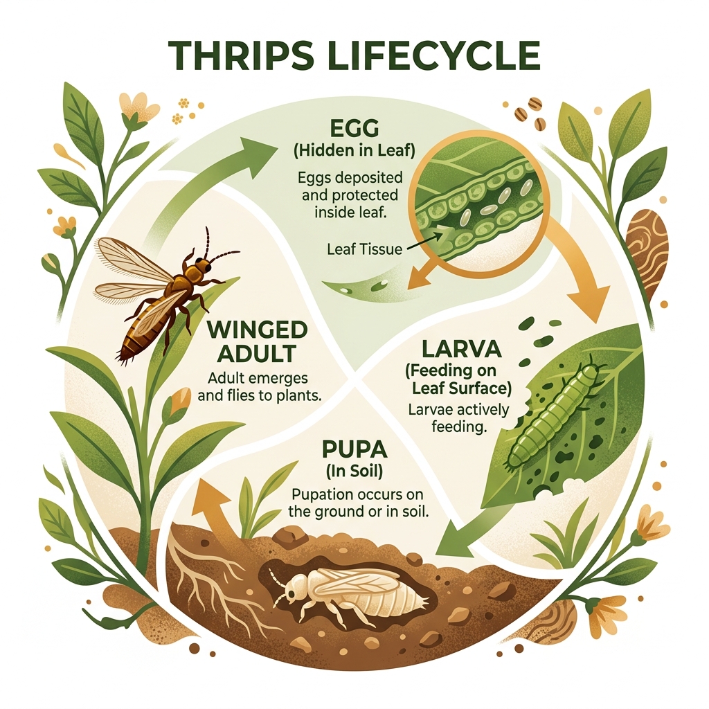Circular infographic showing the thrips lifecycle: eggs hidden inside leaf tissue, larvae feeding on leaf surface, pupae in soil, winged adult returning to plant