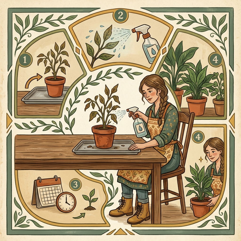 Illustration of a plant being systematically treated in isolation — spray bottle in hand, plant on a separate table away from other healthy houseplants, with a calendar and clock nearby suggesting a consistent treatment schedule
