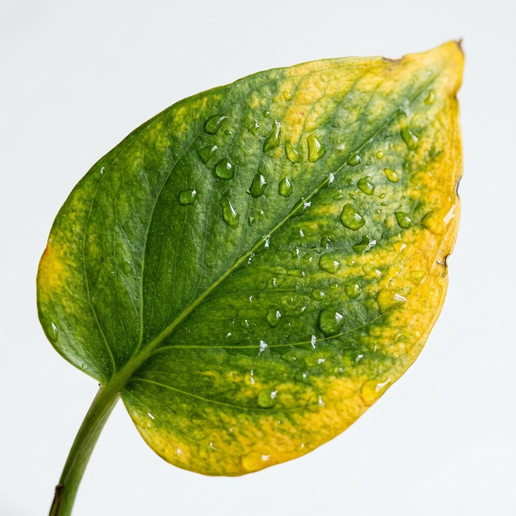 Close-up of a houseplant leaf showing classic yellowing (chlorosis) symptoms — green veins with yellow edges